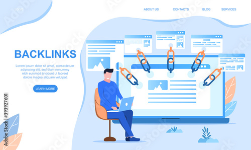 Backlinks or link building. SEO Search engine optimization abstract concept. Cartoon flat vector illustration for website, web page, landing page, mobile app and advertising photo