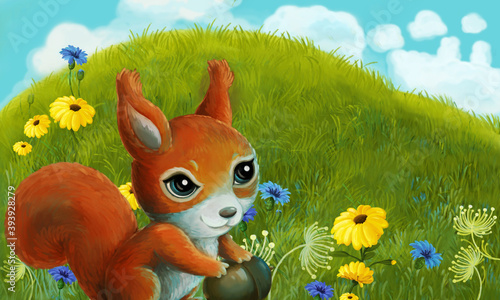 cartoon scene with animal rodent squirrel owl on the meadow - illustration