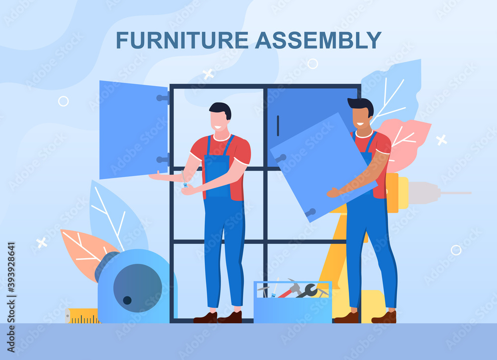 Wood furniture assembly. Professional workers assembling closet. Home furniture construction. Cartoon flat vector illustration with diverse fictional characters