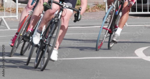 4K - Cycling marathon. Slow motion of a bicycle wheels