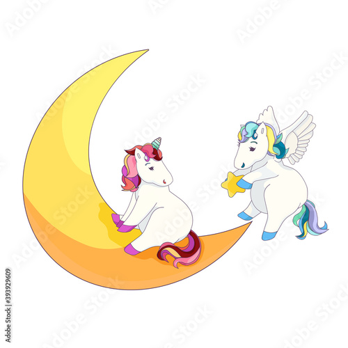 Cute Unicorn on the Crescent Moon, Pegasus with a Star, Cartoon Pegasus brings star for sad Unicorn on white isolated background, isolated Pegasus and Unicorn, concept of Magical horses and Fairytale.