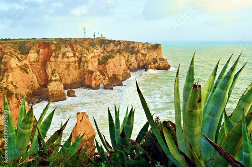 view on a foggy day of Ponta da Piedade, a spectacular rocky promontory along the coast of Lagos in the Algarve region. It is one of the most popular tourist attractions in Portugal