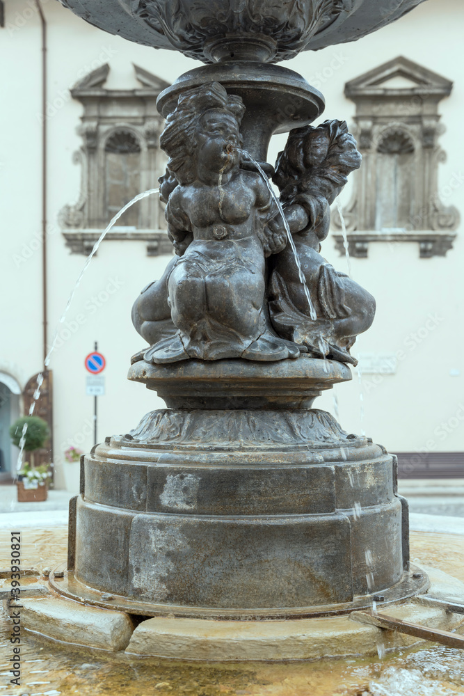 bronze statues of Town-Hall square fountain, Pescocostanzo, Abruzzo, Italy