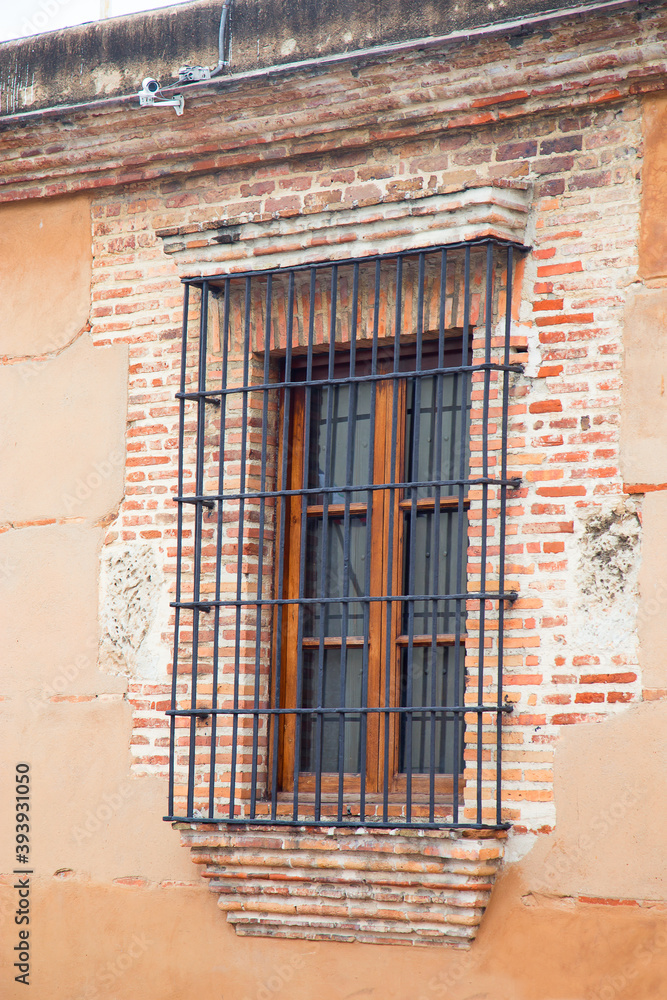 Obraz premium Window with bars on a brick wall. Vertical.