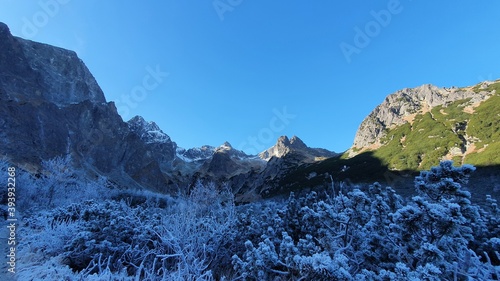 snow covered mountains with sun