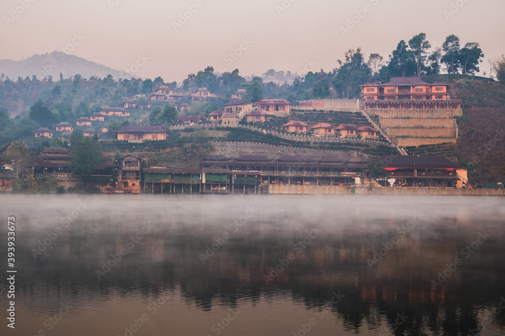 Ban Rak Thai , Chinese settlement in tea field with fog in the morning in Mae Hong Son Province , Thailand
