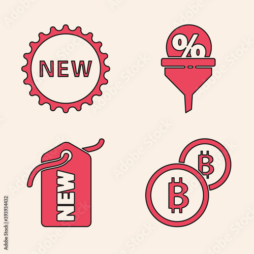 Set Cryptocurrency coin Bitcoin, Price tag with New, Lead management and Price tag with New icon. Vector.