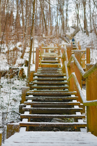 Fototapeta Naklejka Na Ścianę i Meble -  wooden stairway in winter forest