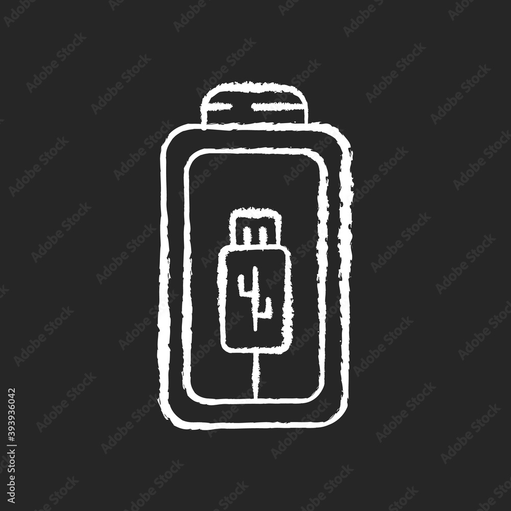 Battery charging using cable chalk white icon on black background. Different smart devices working time encreasing. Plug in charger. Getting working power. Isolated vector chalkboard illustration Battery charging using cable chalk white icon on black background. Different smart devices working time encreasing. Plug in charger. Getting working power. Isolated vector chalkboard illustration