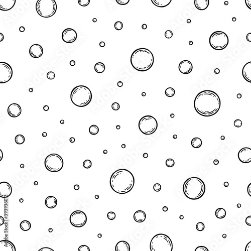 Soap bubbles. Seamless pattern. Cleaning concept. Water background. Hand drawn texture. Design wallpapers for prints bodycare, shampoo, toiletries, cleanliness, freshness, hygiene, bathroom. Vector