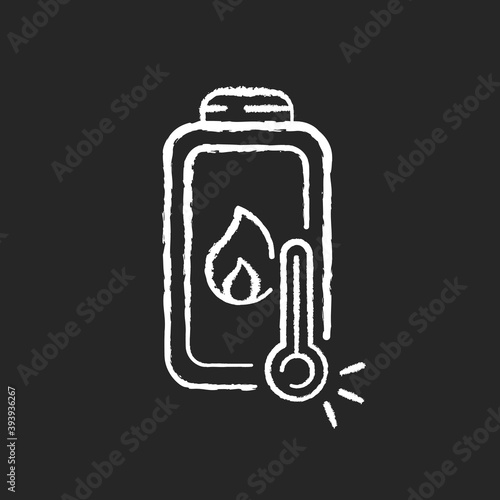 Battery overheating problem chalk white icon on black background. Dealing with dangerous device issues. Creating bad charging cables. High heat. Isolated vector chalkboard illustration