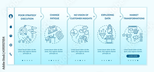 Business problems onboarding vector template. Change fatigue. No customer insights vision. Data overload. Responsive mobile website with icons. Webpage walkthrough step screens. RGB color concept