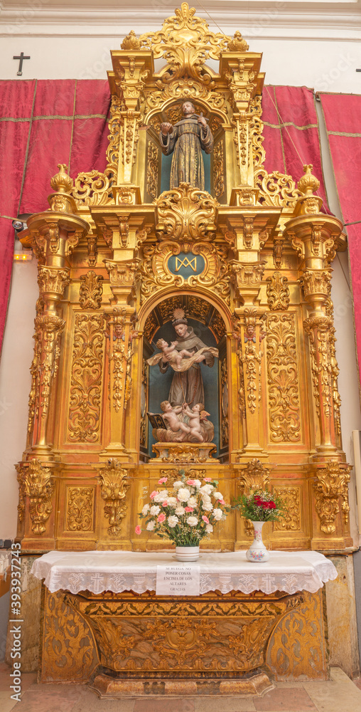 SEGOVIA, SPAIN, APRIL - 14, 2016: The carved polychrome baroque altar of st. Anthony of Padua in church Monasterio de San Antonio el Real by unknown artist of 17. cent.