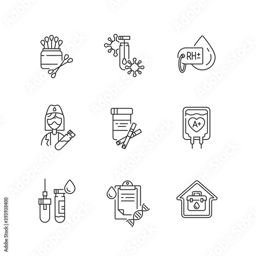 Medical diagnosis linear icons set. Clinical examination. Blood test. Polymerase chain reaction check. Customizable thin line contour symbols. Isolated vector outline illustrations. Editable stroke