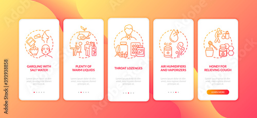 Throat inflammation treatment onboarding mobile app page screen with concepts. Gargling, throat lozenges walkthrough 5 steps graphic instructions. UI vector template with RGB color illustrations