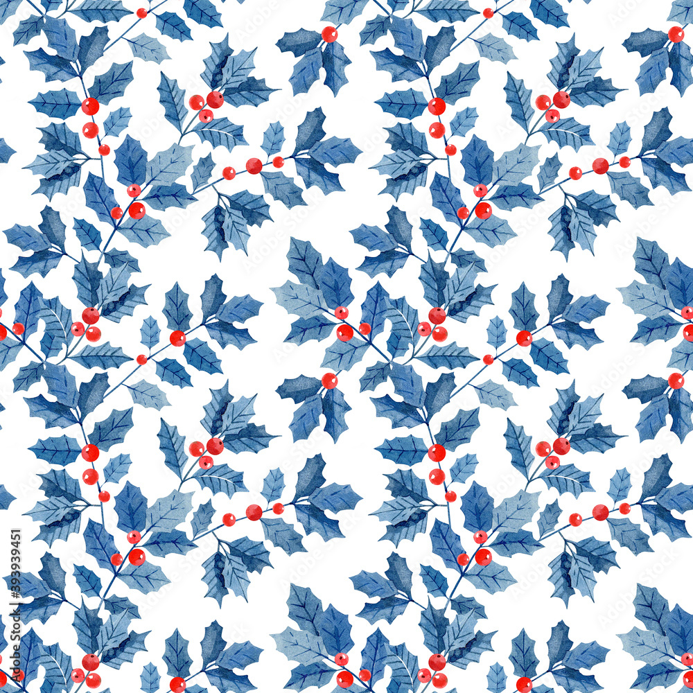 Fototapeta premium Watercolor holly seamless pattern. Christmas background for fabric, wrapping paper, wallpaper. Blue ilex leaves and red berries on white. Hand drawn illustration