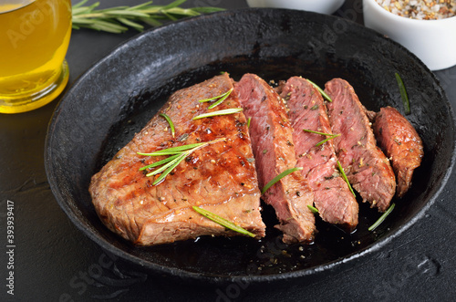 Steak medium rare beef in frying pan