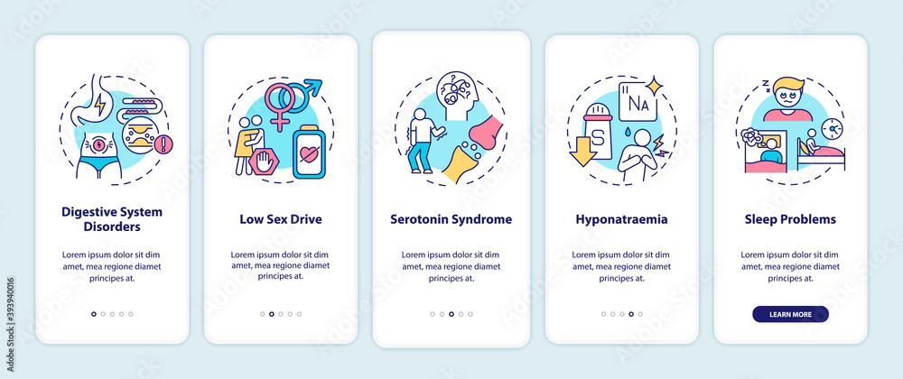 Antidepressants side effects onboarding mobile app page screen with concepts. Digestive, sleep disorders walkthrough 5 steps graphic instructions. UI vector template with RGB color illustrations