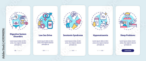 Antidepressants side effects onboarding mobile app page screen with concepts. Digestive, sleep disorders walkthrough 5 steps graphic instructions. UI vector template with RGB color illustrations