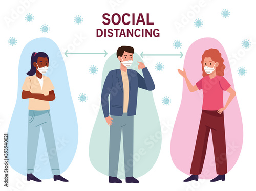 group of interracial people wearing medical masks with social distance