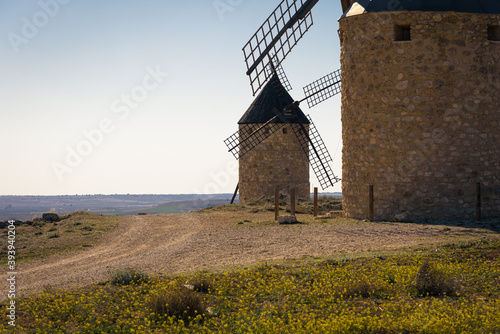 Exterior view of windmills on landscape in spring in Belmonte, Cuenca, Spain