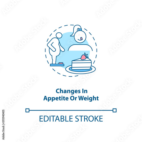 Changes in appetite and weight concept icon. SAD symptom idea thin line illustration. Eating behaviours. Anorexia nervosa. Obesity risk. Vector isolated outline RGB color drawing. Editable stroke