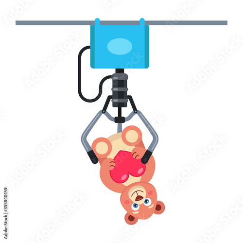 get a toy from the machine with an iron hook. flat vector illustration.