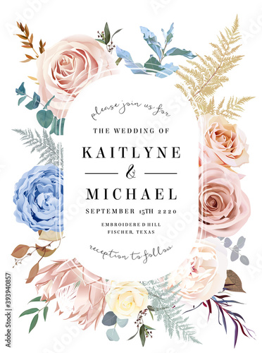 Oval floral label beige frame arranged from leaves and flowers