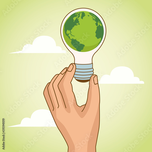 save the world environmental poster with hand lifting earth planet in bulb
