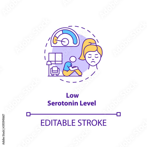 Low serotonin level concept icon. SAD cause idea thin line illustration. Chronic stress. Depression, anxiety and sleep trouble. Vector isolated outline RGB color drawing. Editable stroke