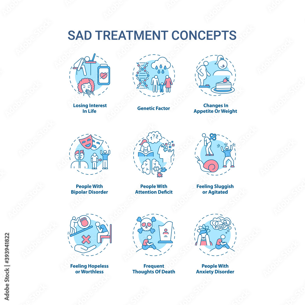 SAD treatment concept icons set. Mental health disorder idea thin line RGB color illustrations. Losing interest in life. Feeling sluggish, agitated. Vector isolated outline drawings. Editable stroke