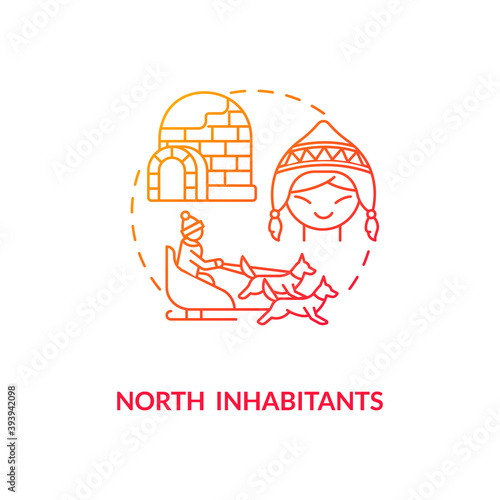 North inhabitants concept icon. SAD risk group idea thin line illustration. Seasonal depression. Igloo, snow hut. Dog sledding. Traditional livelihoods. Vector isolated outline RGB color drawing