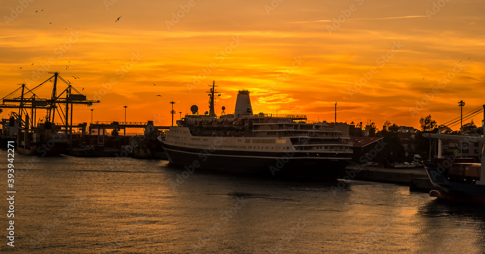 A view of the cruise berths in the port of Leixoes, near to Porto, Portugal at sunset