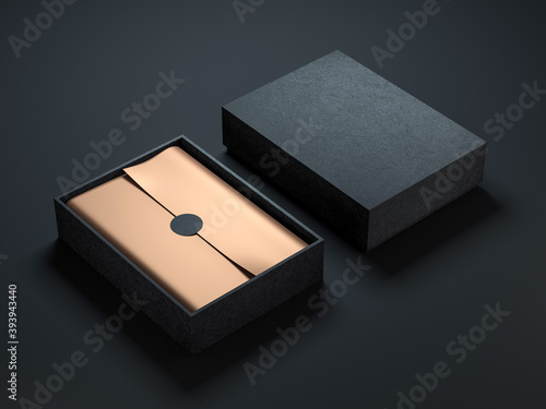 Two Black Boxes Mockup with golden wrapping paper, opened and closed on black background photo