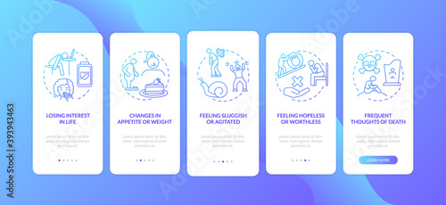 Winter blues signs onboarding mobile app page screen with concepts. Feeling sluggish, apathy walkthrough 5 steps graphic instructions. UI vector template with RGB color illustrations