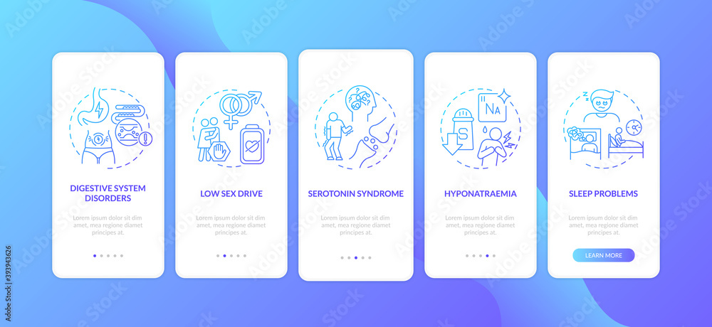 Antidepressants side effects onboarding mobile app page screen with concepts. Low sex drive, sleeplessness walkthrough 5 steps graphic instructions. UI vector template with RGB color illustrations