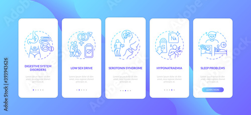 Antidepressants side effects onboarding mobile app page screen with concepts. Low sex drive, sleeplessness walkthrough 5 steps graphic instructions. UI vector template with RGB color illustrations
