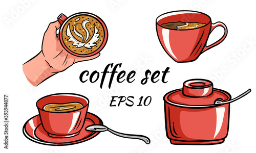 Set vector of coffee. Coffee in hand.