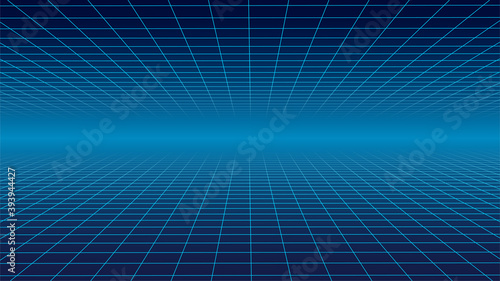 Abstract wireframe landscape 1980s style. Retro futuristic vector grid. Technology neon background.