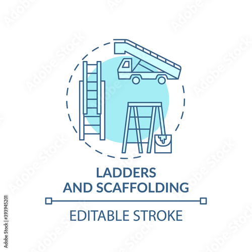 Ladders and scaffolding concept icon. Top workplace safety violations. System to install building platforms idea thin line illustration. Vector isolated outline RGB color drawing. Editable stroke