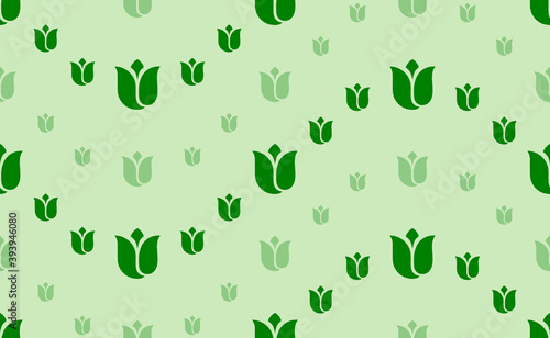 Seamless pattern of large and small green tulips. The elements are arranged in a wavy. Vector illustration on light green background