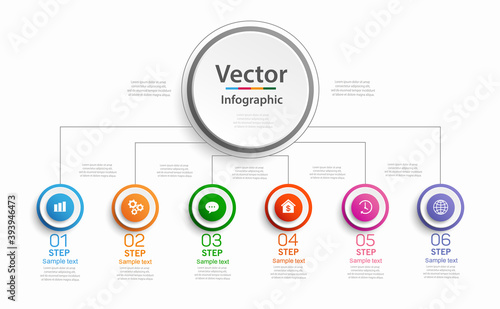 Business vector infographic template with 6 steps or options for diagram, timeline, web design, presentations, workflow layout, flowchart