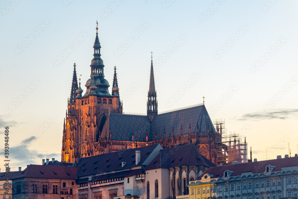 View on hill with Prague Castle at sunset time.