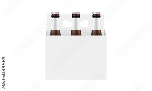 Paper Beer Bottle Carrier Packaging Box Mockup Isolated on White Background. Vector Illustration