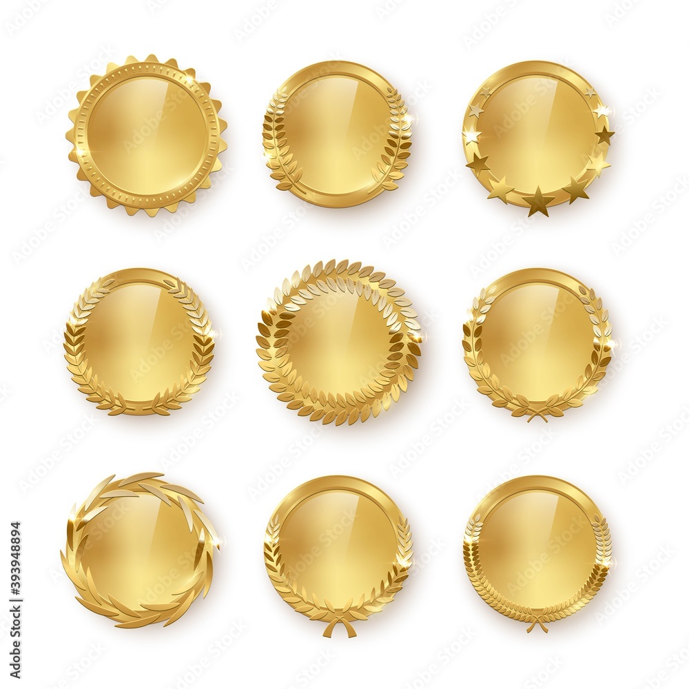 Award golden blank medals 3d realistic illustration. First place medals with laurel leaves. Certified. Quality blank, empty badge, emblem set. Award golden blank medals 3d realistic illustration. First place medals with laurel leaves. Certified. Quality blank, empty badge, emblem set.