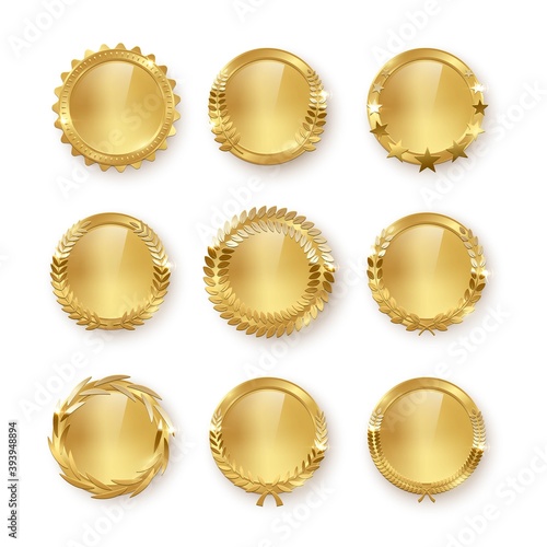 Award golden blank medals 3d realistic illustration. First place medals with laurel leaves. Certified. Quality blank, empty badge, emblem set.