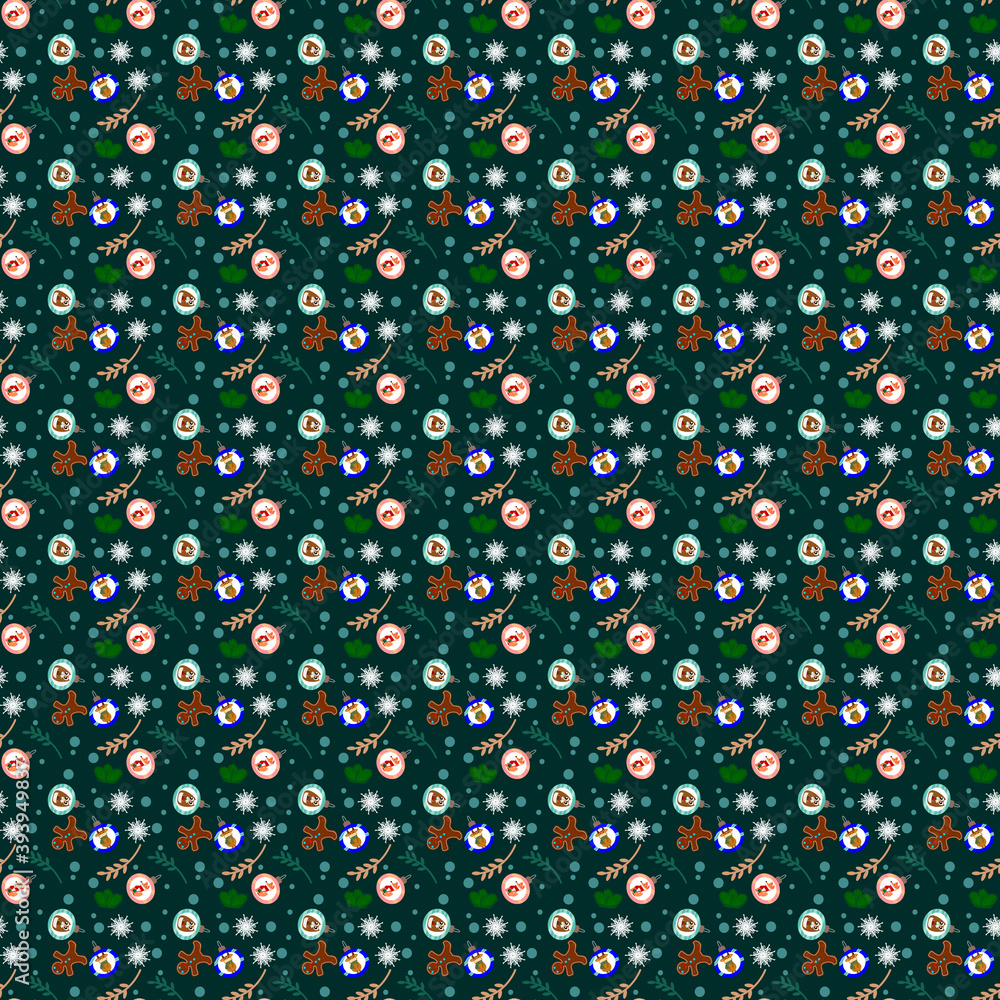 new year's pattern on a green background. Balloons, gingerbread, twigs, circles and snowflakes on it new year's pattern on a green background. Balloons, gingerbread, twigs, circles and snowflakes on it