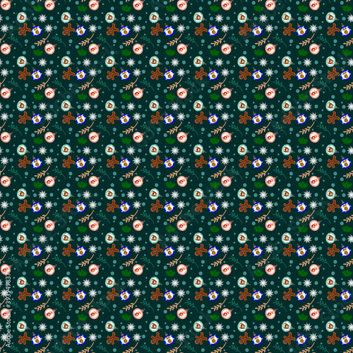 new year's pattern on a green background. Balloons, gingerbread, twigs, circles and snowflakes on it