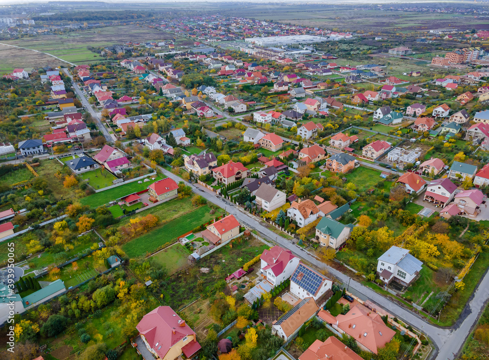 Aerial view urban quarter of residential area roofs developing city landscape on the Uzhhorod in Zakarpattya