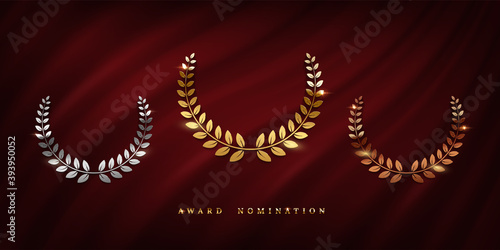 Award ceremonyposter template. Golden, silver and bronze laurel wreath isolated on red curtain background. Vector awarding banner design.